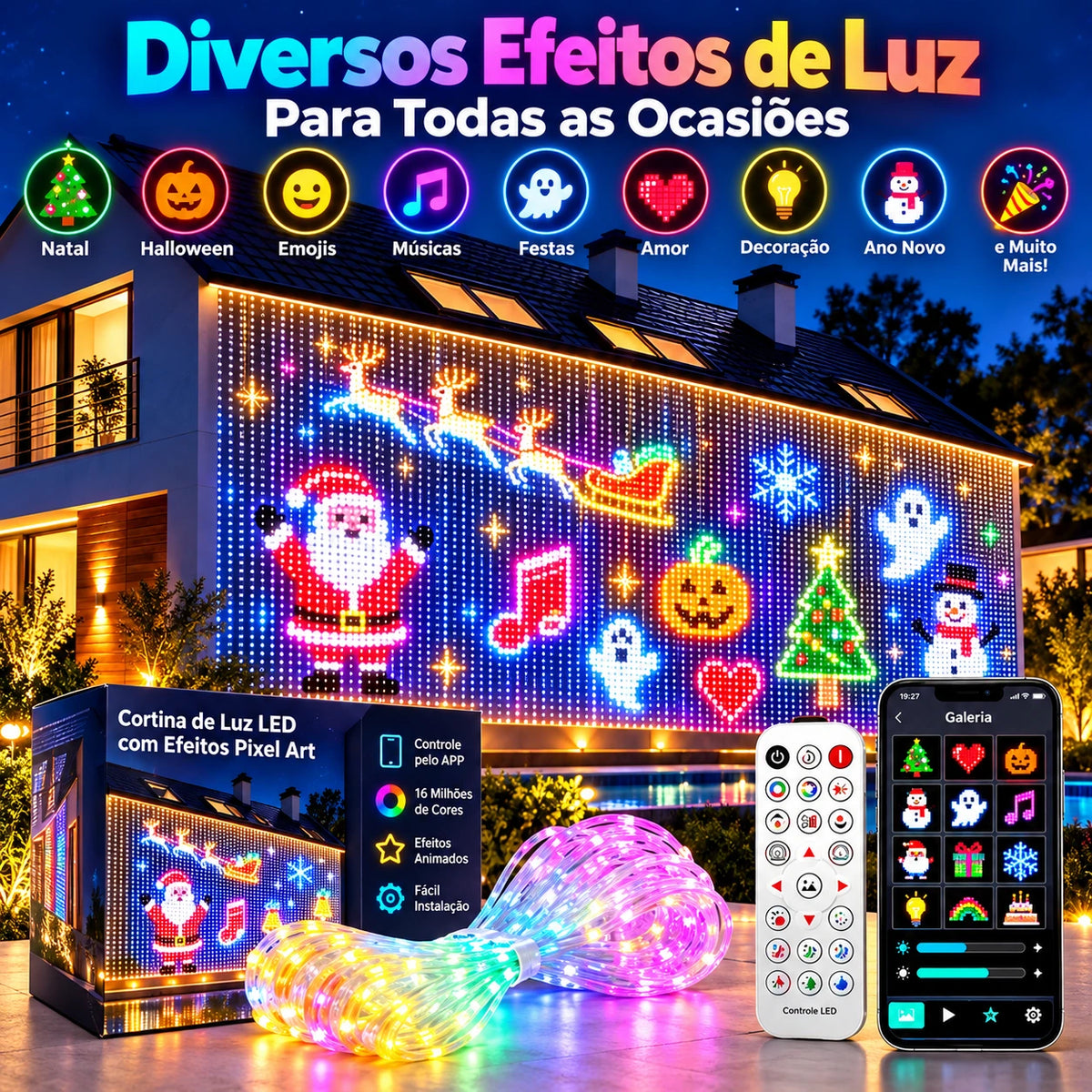 Cortina de Luzes LED Inteligente RGB para Natal