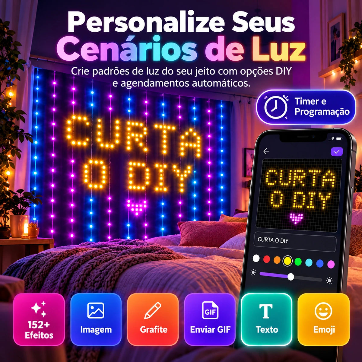 Cortina de Luzes LED Inteligente RGB para Natal