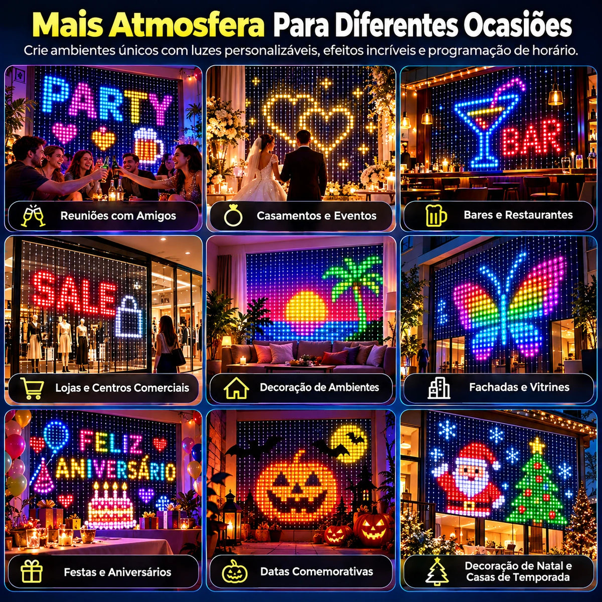 Cortina de Luzes LED Inteligente RGB para Natal