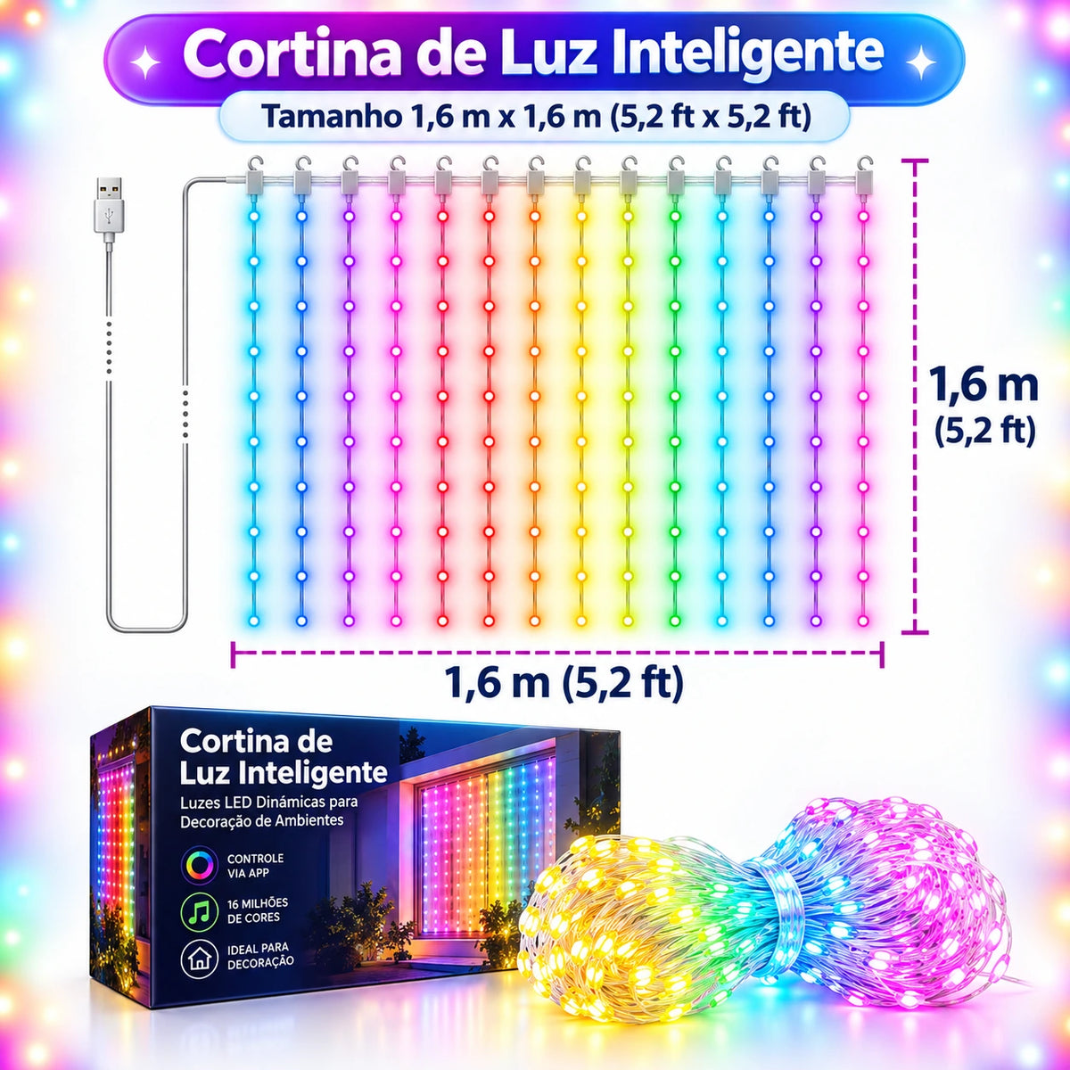 Cortina de Luzes LED Inteligente RGB para Natal