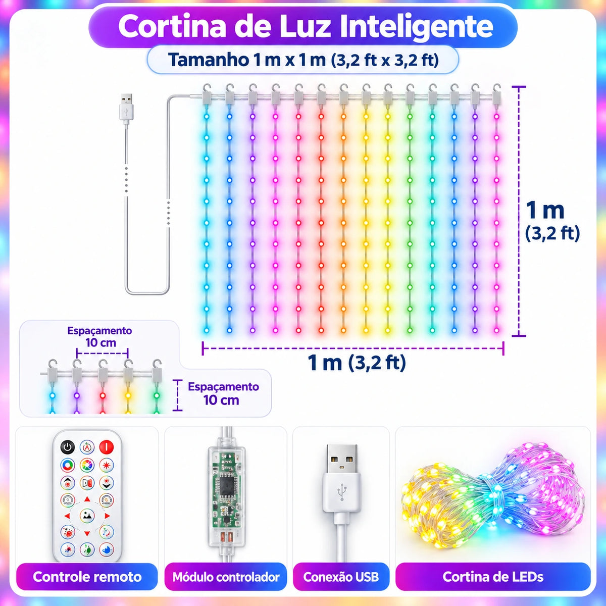 Cortina de Luzes LED Inteligente RGB para Natal