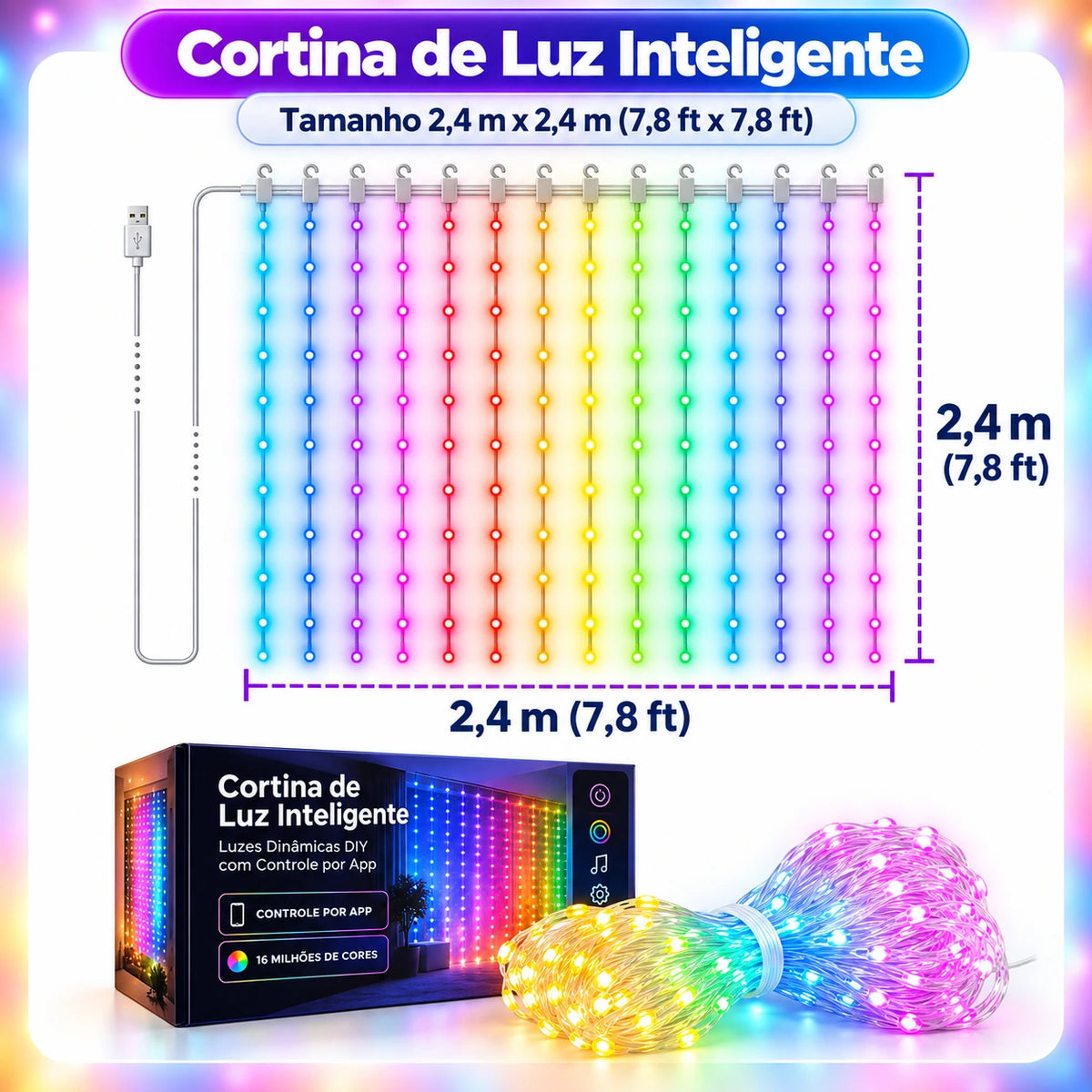 Cortina de Luzes LED Inteligente RGB para Natal