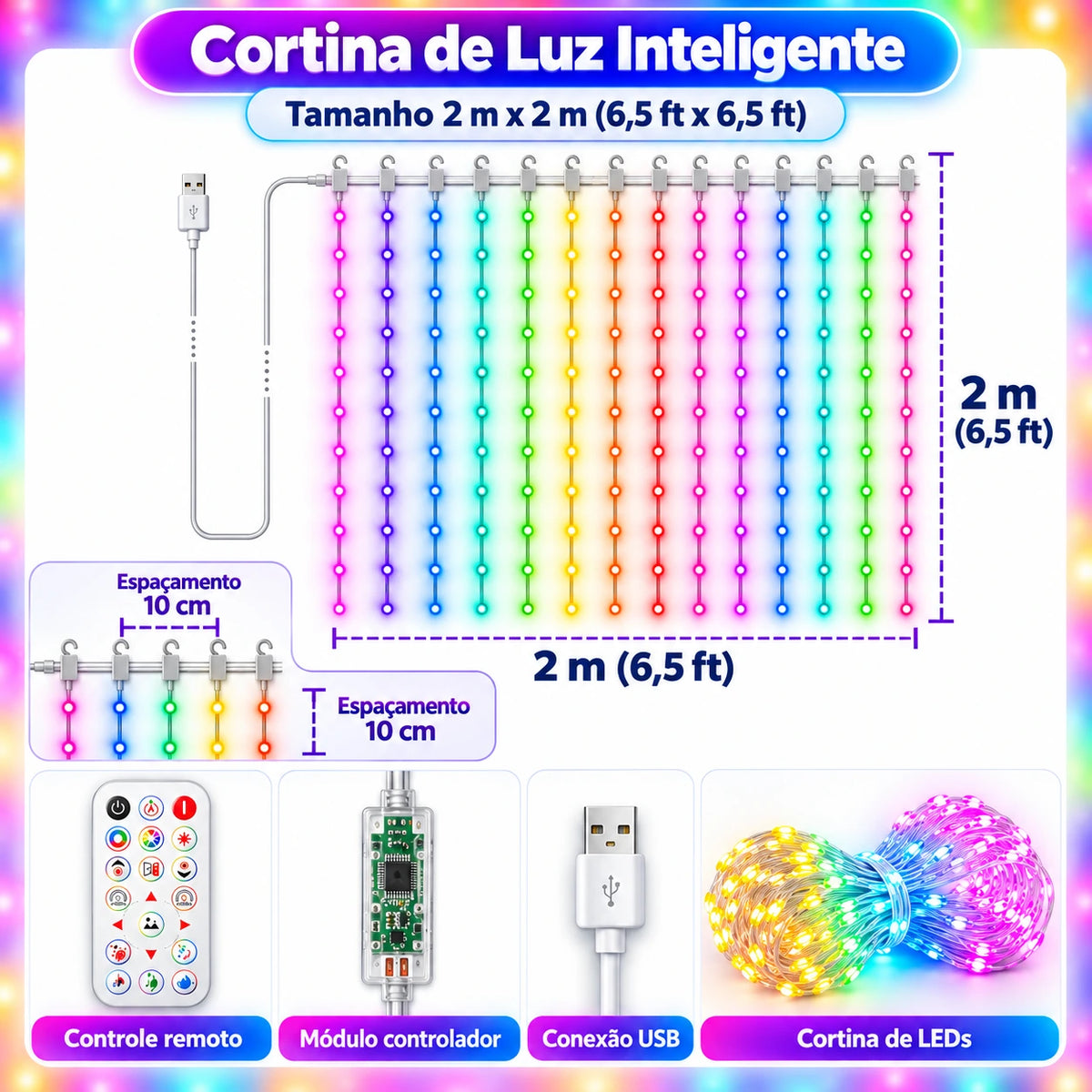 Cortina de Luzes LED Inteligente RGB para Natal