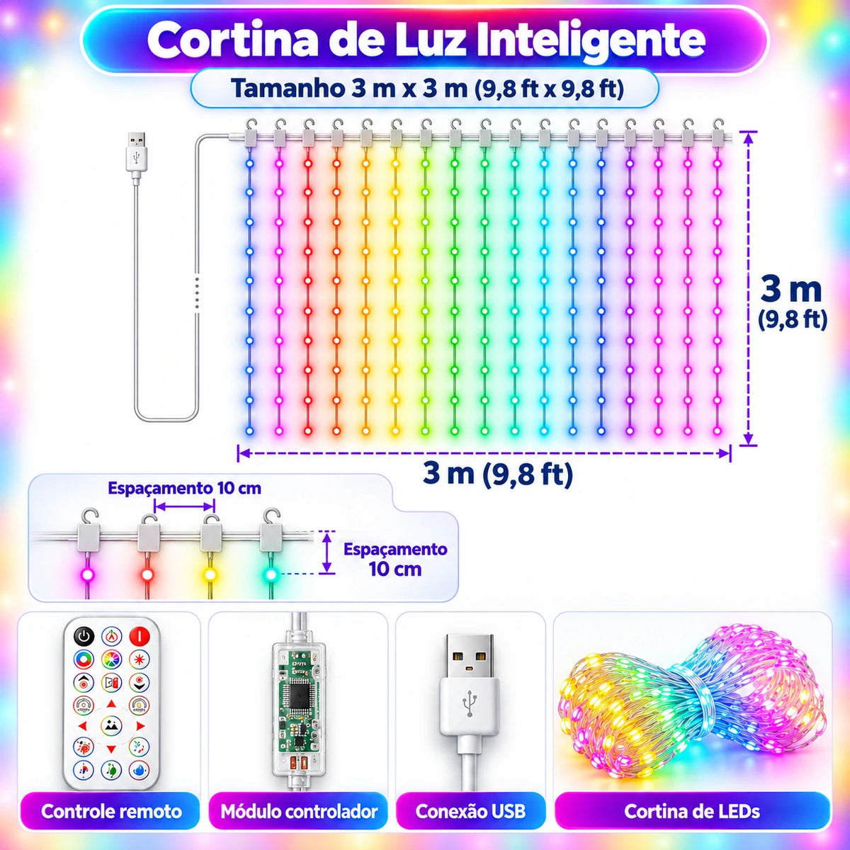 Cortina de Luzes LED Inteligente RGB para Natal