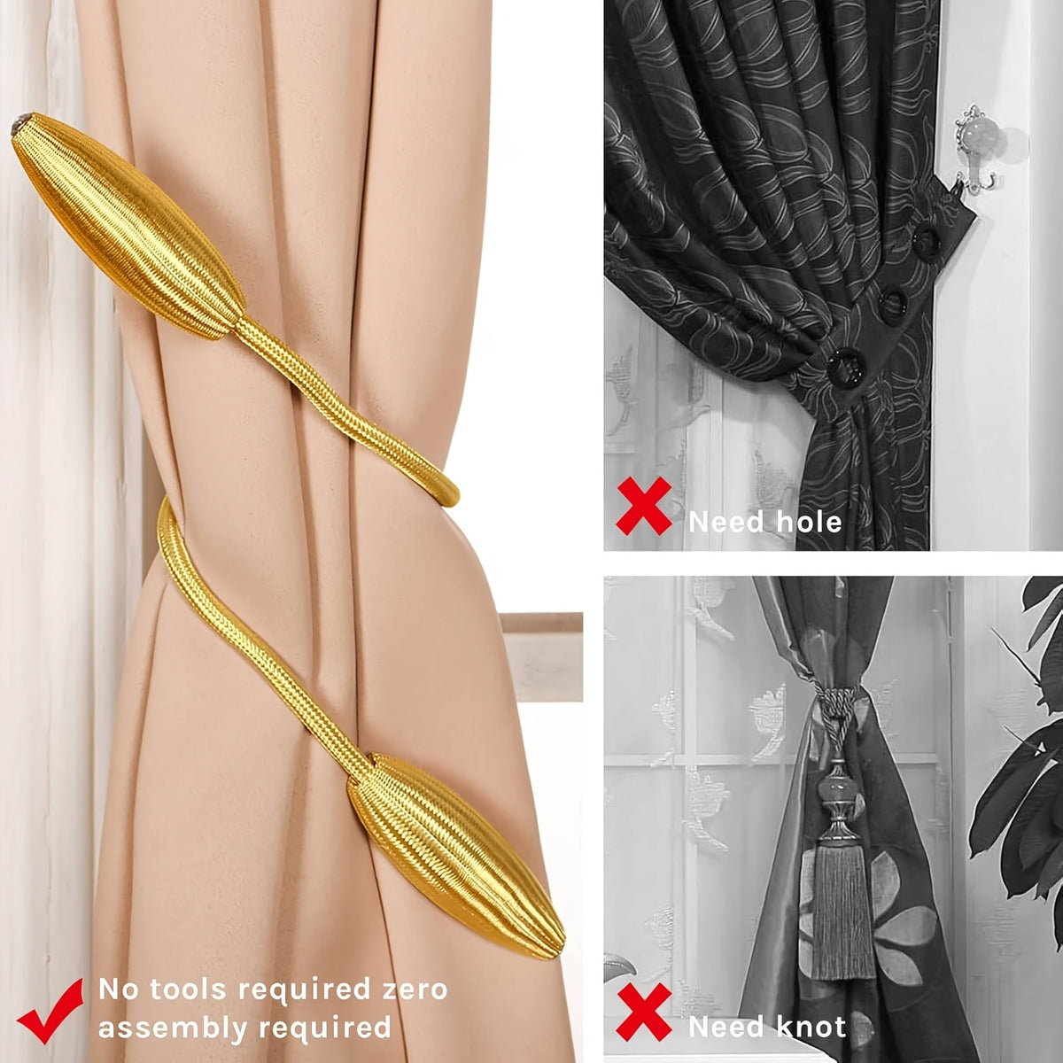 5 unidades de suportes de cortina dourados em tecido macio | Suportes de cortina com modelação aleatória e nó, suportes de cortina duráveis em poliéster para cortinas de janela, suportes de decoração elegantes para casa com trabalhos finos