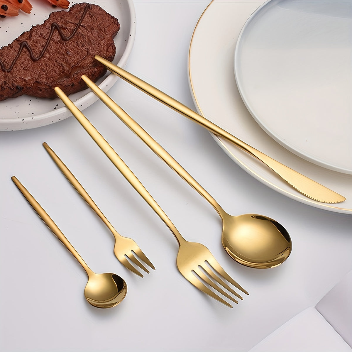 30 Peças de Talheres de Aço Inoxidável Dourado de Alta Resistência - Conjunto Elegante com Facas, Garfos, Colheres e Colheres de Sobremesa - Ideal para Casa, Casamentos, Festas, Restaurantes - Seguro para Lava-Louças, Aço 410