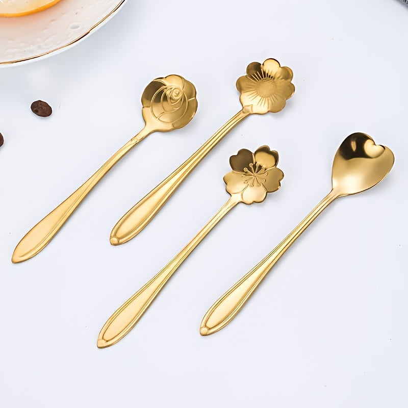 Conjunto de 4 colheres de chá pequenas em formato de flor, colher de café, colher fofa para sorvete e sobremesa, conjunto de talheres em aço inoxidável