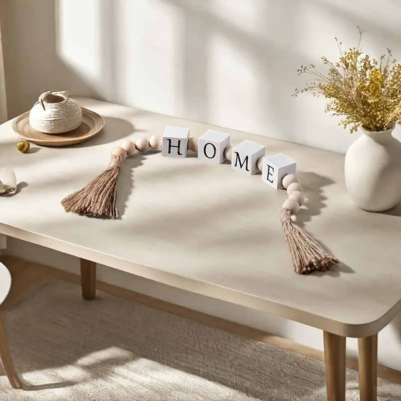 Guirlanda de letras de madeira rústica com borlas - Design "Casa" para decoração de casa aconchegante, perfeita para prateleiras, lareiras ou paredes - Calor, amor e encanto campestre inspirado em cubos de madeira, contas e borlas, decoração rústica para casa
