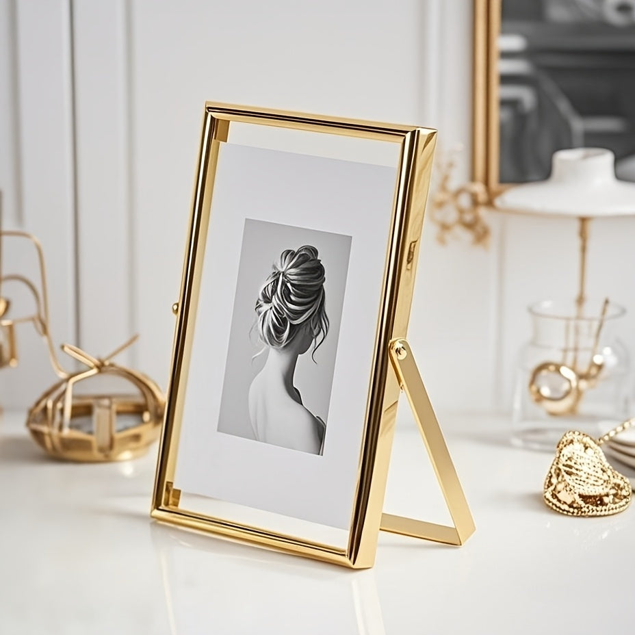 Porta-retratos de Vidro Flutuante Dourado Estilo Instagram em Tamanho de 6, 7 e 25.4 cm com Estrutura de Ferro e Metal Giratória, Ideais para Fotos Retrato ou Como Presentes Festivos