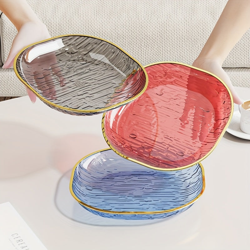Conjunto de 4 Pratos Elegantes Transparentes para Snacks e Fruta com Borda Dourada, Fabricados com Materiais de Alta Qualidade para Alimentos, Formato Oval, Perfeitos para Refeições Familiares, Convívios e Todas as Estações, Adequados para Fruta, Snacks e Pratos de Servir.