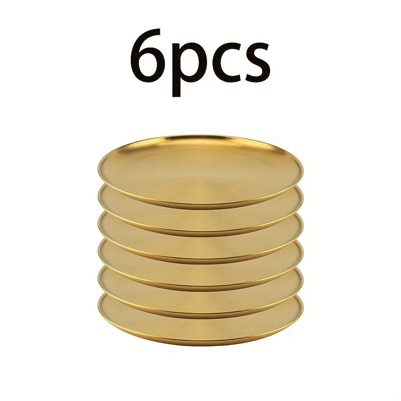 Conjunto de 6 Pratos de Jantar em Aço Inoxidável, Prato de Salada Dourado, Prato de Churrasco Coreano, Prato Principal Ocidental, Prato para Lanches e Sobremesas, Adequado para Restaurante e Uso Doméstico, Bandeja Multifuncional para Lanches e Prato para Ossos