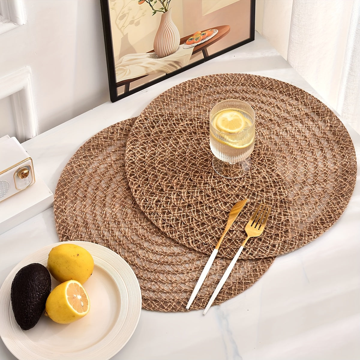 4 Peças de Descanso de Copos Redondo Antiderrapante Nórdico, Jogo Americano, Acessórios de Cozinha, Descanso de Mesa para Jantar, Design Trançado Boho para Mesa de Jantar & Festa de Natal, Guardanapo para Restaurante, Festa, Hotel, Casa de Campo, Decoração de Mesa para Reunião Familiar
