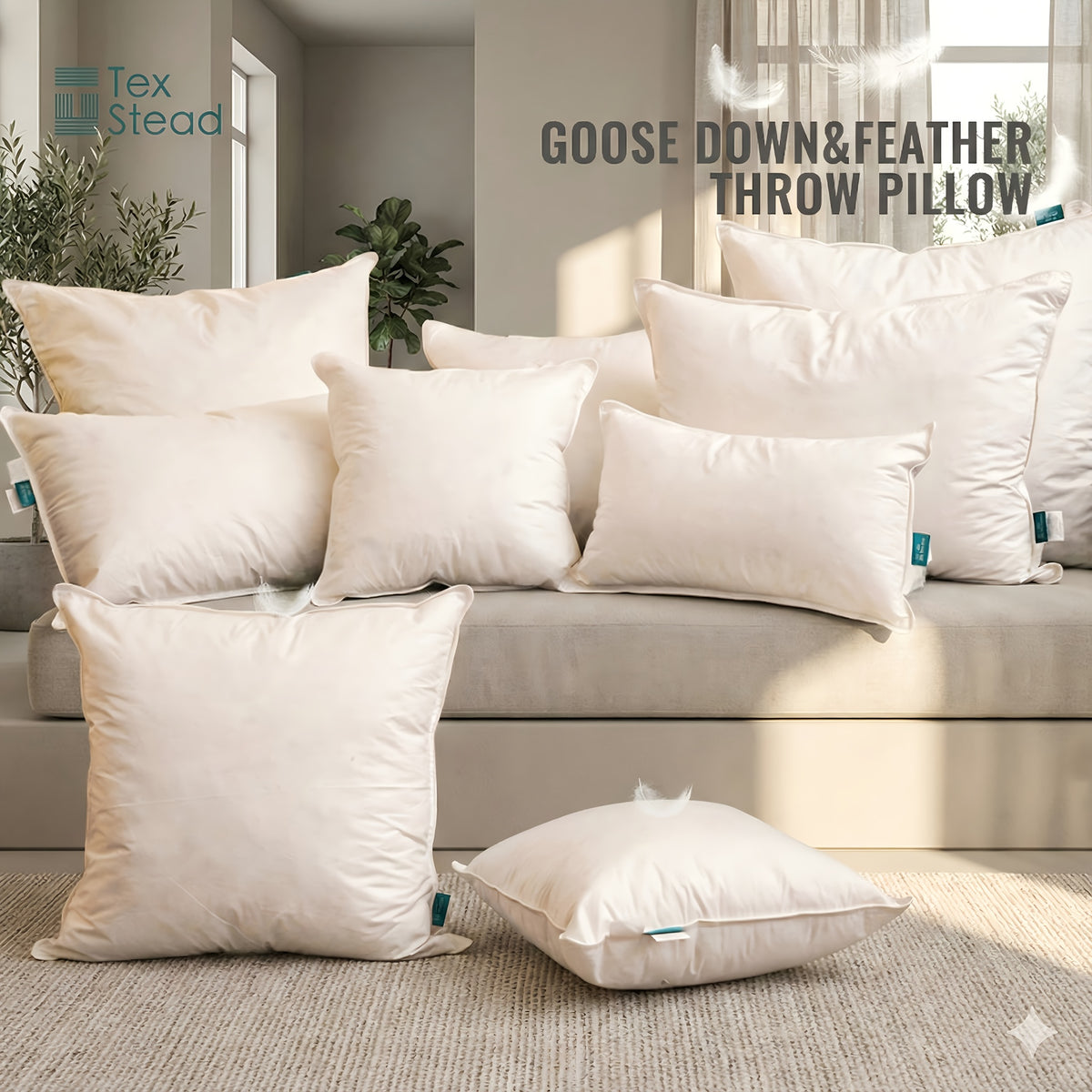 1pc Almofada de penas de ganso de luxo - Ultra-mole, de duas camadas, almofada quadrada decorativa branca com enchimento de alta qualidade para sofá, sofá e cama, estilo contemporâneo, lavável à máquina, almofada de sofá | Luxo decorativo | Almofada de penas fofa, almofada decorativa