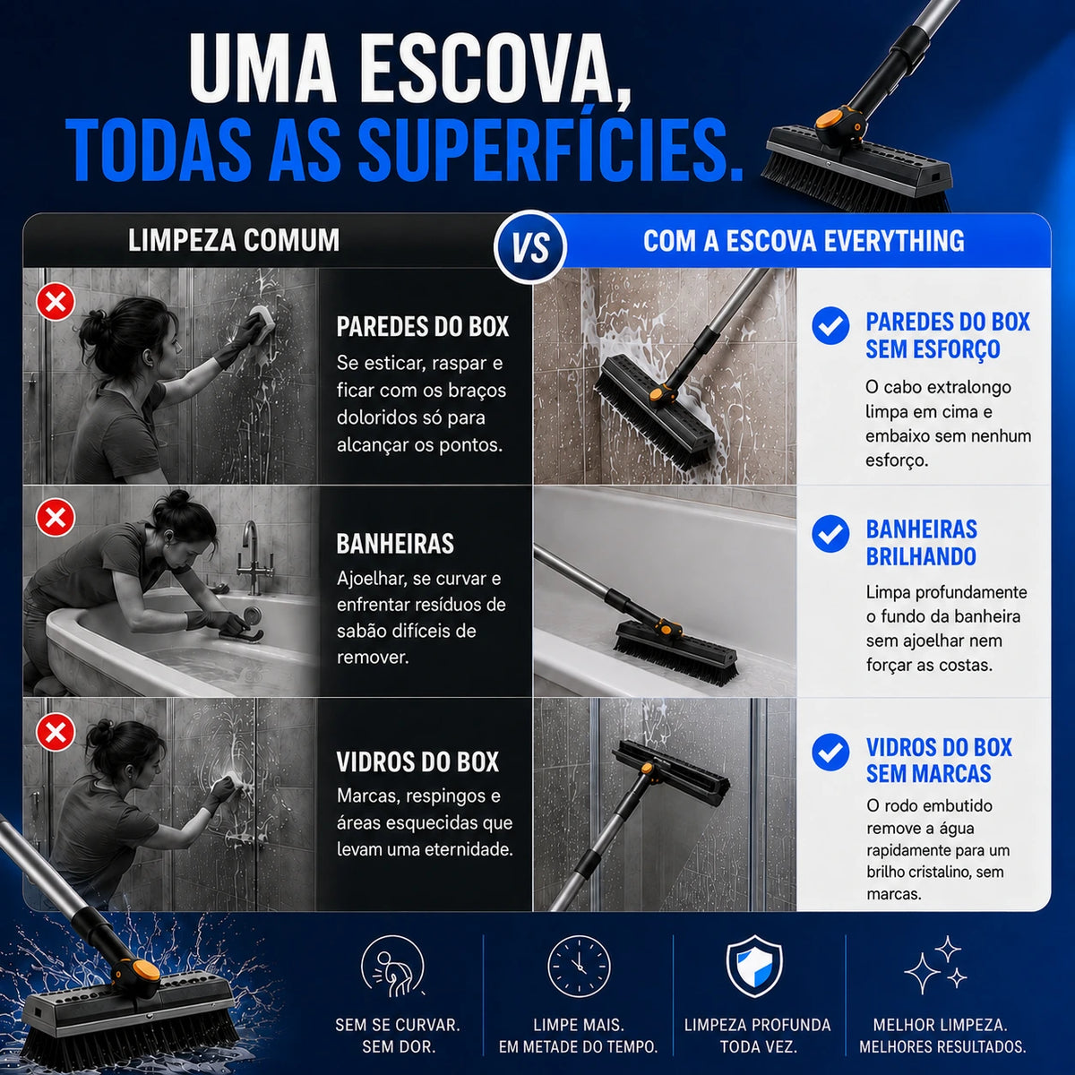 Escova Multifuncional 3 em 1 com Cabo Extensível
