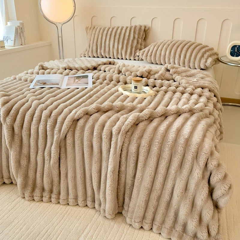 Manta Gdan Rinoceronte Luxuosa de Pele Falsa de Coelho - Adequada para Sofá, Cama, Escritório e Viagem - Manta Macia, Quente e Aconchegante Listrada, Colcha Contemporânea, Lavável à Mão, Presente Ideal de Natal e Uso em Todas as Estações (Multicolor)