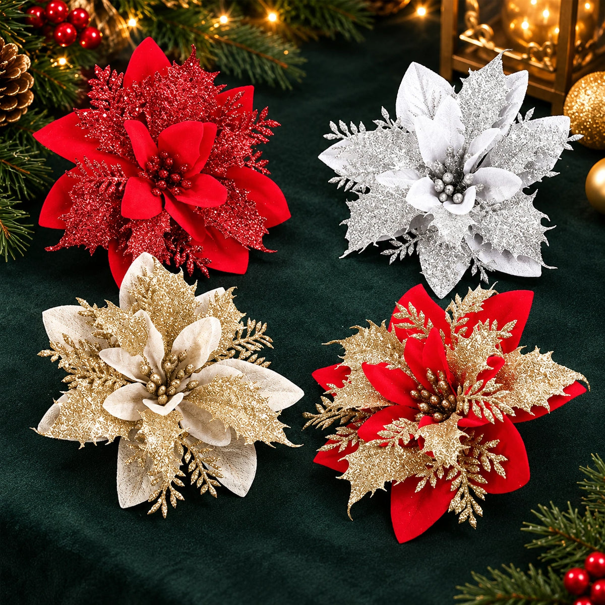 Flores Natalinas com Glitter para Árvore