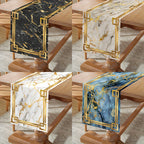 Caminho de Mesa Elegante em Mármore com 35.0 X 180.01 cm - Apresenta um Borda Dourada com Textura em Branco, Preto e Azul. Feito de Poliéster, é Ideal para Decorar Mesas de Jantar e Cozinha Durante Festas e Celebrações