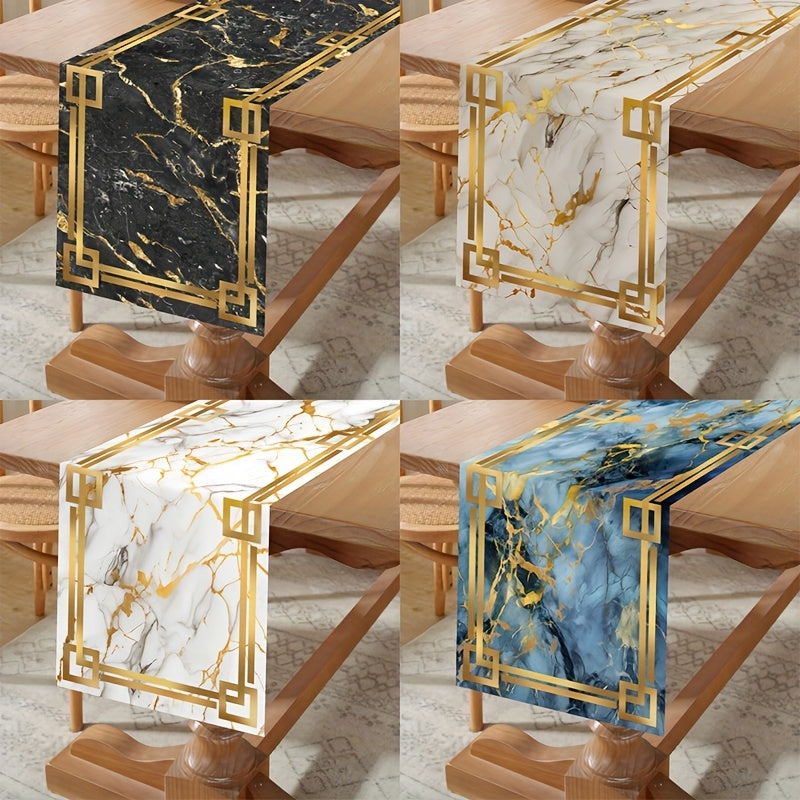 Caminho de Mesa Elegante em Mármore com 35.0 X 180.01 cm - Apresenta um Borda Dourada com Textura em Branco, Preto e Azul. Feito de Poliéster, é Ideal para Decorar Mesas de Jantar e Cozinha Durante Festas e Celebrações