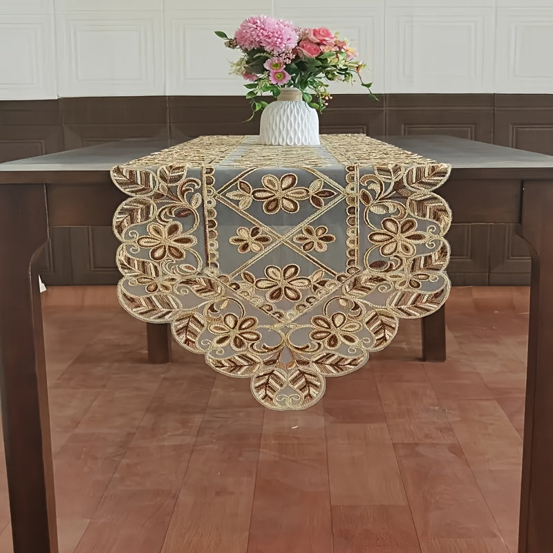 1 Toalha de Mesa Elegante com Bordado Floral - Design Tradicional em Organza com Fio Dourado em Tecido Bege, Retangular em Vários Tamanhos para Festas, Celebrações ou Decoração de Jantar do Dia a Dia