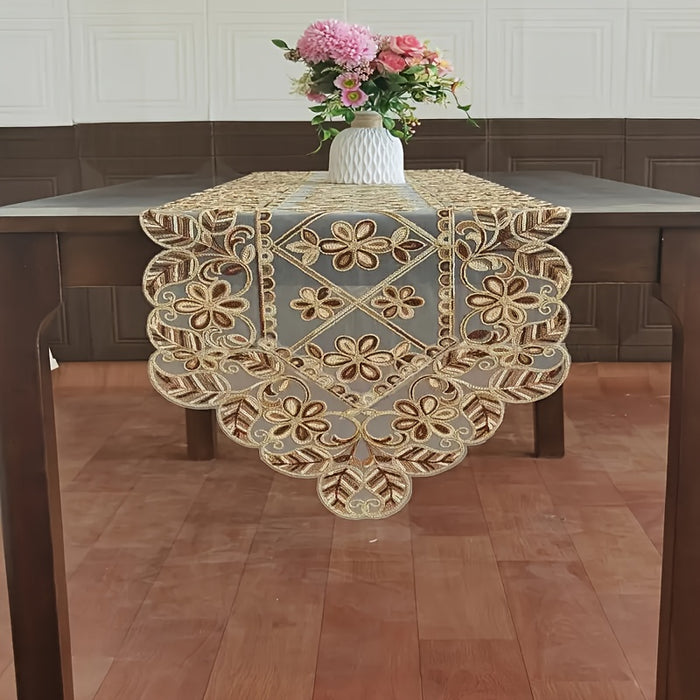 Caminho de Mesa Retangular com Bordado Floral Dourado
