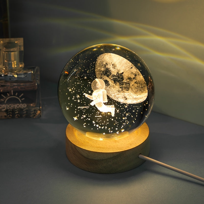 Cabo 3D Lua/Céu Cristal, Base de Madeira Cristal, Candeeiro de Noite Cristal Criativo, Decoração de Mesa, Presente de Natal