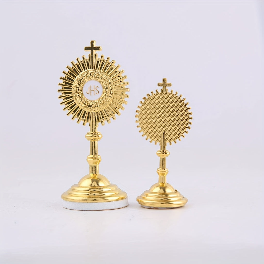 2pcs Golden Catholic Communion Monstrance Statue - Elegant Sacred Table Decor with Cross, Zinc Alloy Construction, Stable Base - for Home, Church, Office - Perfect for Mass, Christmas, Easter, Thanksgiving - Religious Gifts for Catholics, Holiday Table Accent, Ornate Religious Design, Detailed Craftsmanship