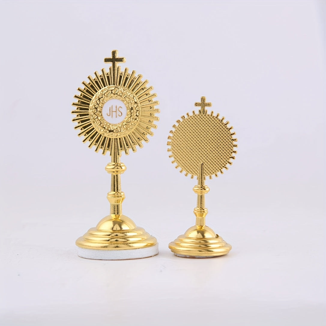 2pcs Golden Catholic Communion Monstrance Statue - Elegant Sacred Table Decor with Cross, Zinc Alloy Construction, Stable Base - for Home, Church, Office - Perfect for Mass, Christmas, Easter, Thanksgiving - Religious Gifts for Catholics, Holiday Table Accent, Ornate Religious Design, Detailed Craftsmanship