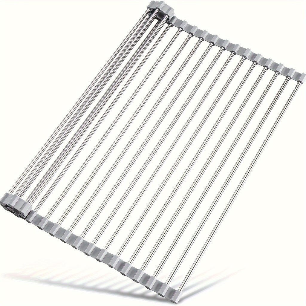 1pc, Deluxe Stainless Steel Roll-Up Dish Drying Rack - Space-Saving Over The Sink Design, Multifunctional Dish Drain Rack, Portable Rolling Rack, Sink Mat, Easy Storage, Rust-Resistant, Durable, And Compact Kitchen Tool, Drain Rack