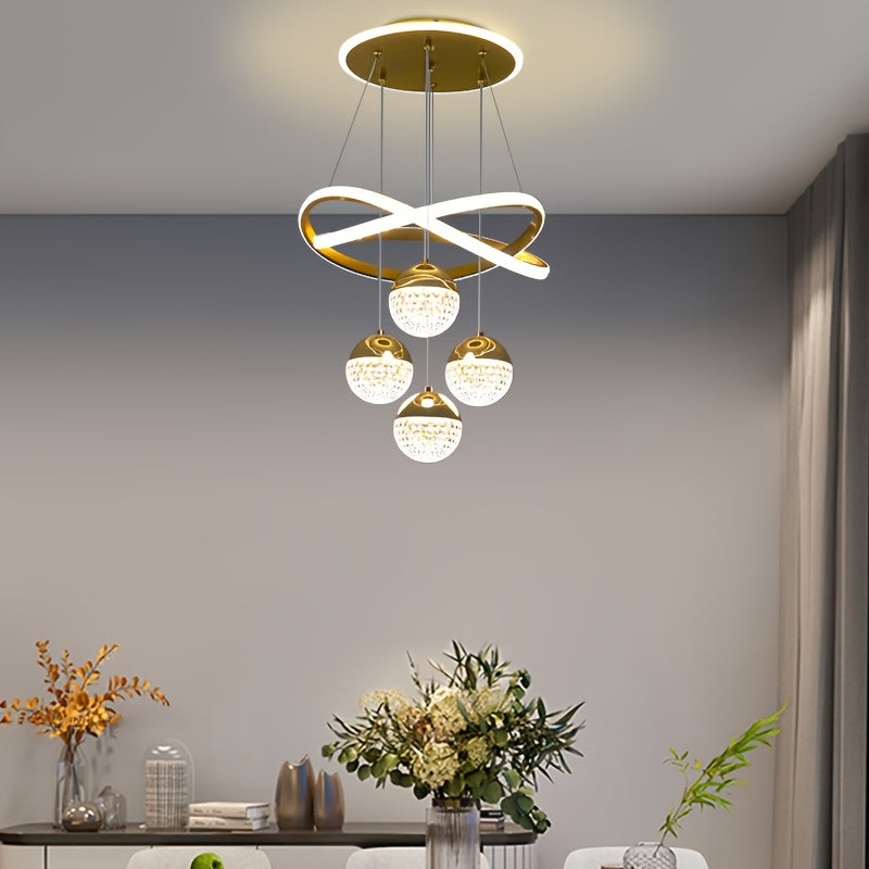 Luminoso, Elegante, de Alta Qualidade, Moderno, Simples, de Luxo Leve, Base de 4 Bolas LED, Anel Luminoso, Linha de Suspensão Ajustável, Processo de Eletroplaca, Adequado para Sala de Estar, Quarto, Estudo, Corredor, Sala de Jantar, Bar, Luz Pendente, Luz Pendente Suspensa, Luz Pendente Interior