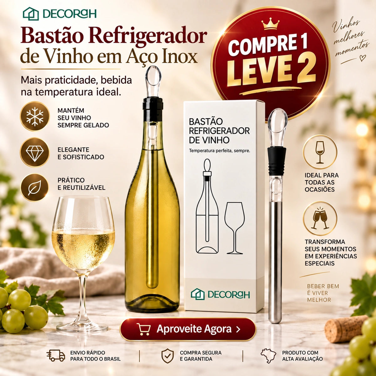 Bastão Refrigerador de Vinho em Aço Inox