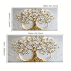 [2D Flat] Uma Grande Obra de Arte Abstrata Moderna Sem Moldura Apresentando a Árvore da Vida com Folhas Douradas e Flores Brancas, Perfeita para Decorar uma Sala de Estar, Quarto ou Escritório. Este Design 2D Flat Elegante Serve Como Uma Peça de Arte de Parede Luxuosa.