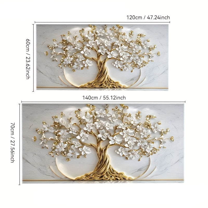 [2D Flat] Uma Grande Obra de Arte Abstrata Moderna Sem Moldura Apresentando a Árvore da Vida com Folhas Douradas e Flores Brancas, Perfeita para Decorar uma Sala de Estar, Quarto ou Escritório. Este Design 2D Flat Elegante Serve Como Uma Peça de Arte de Parede Luxuosa.