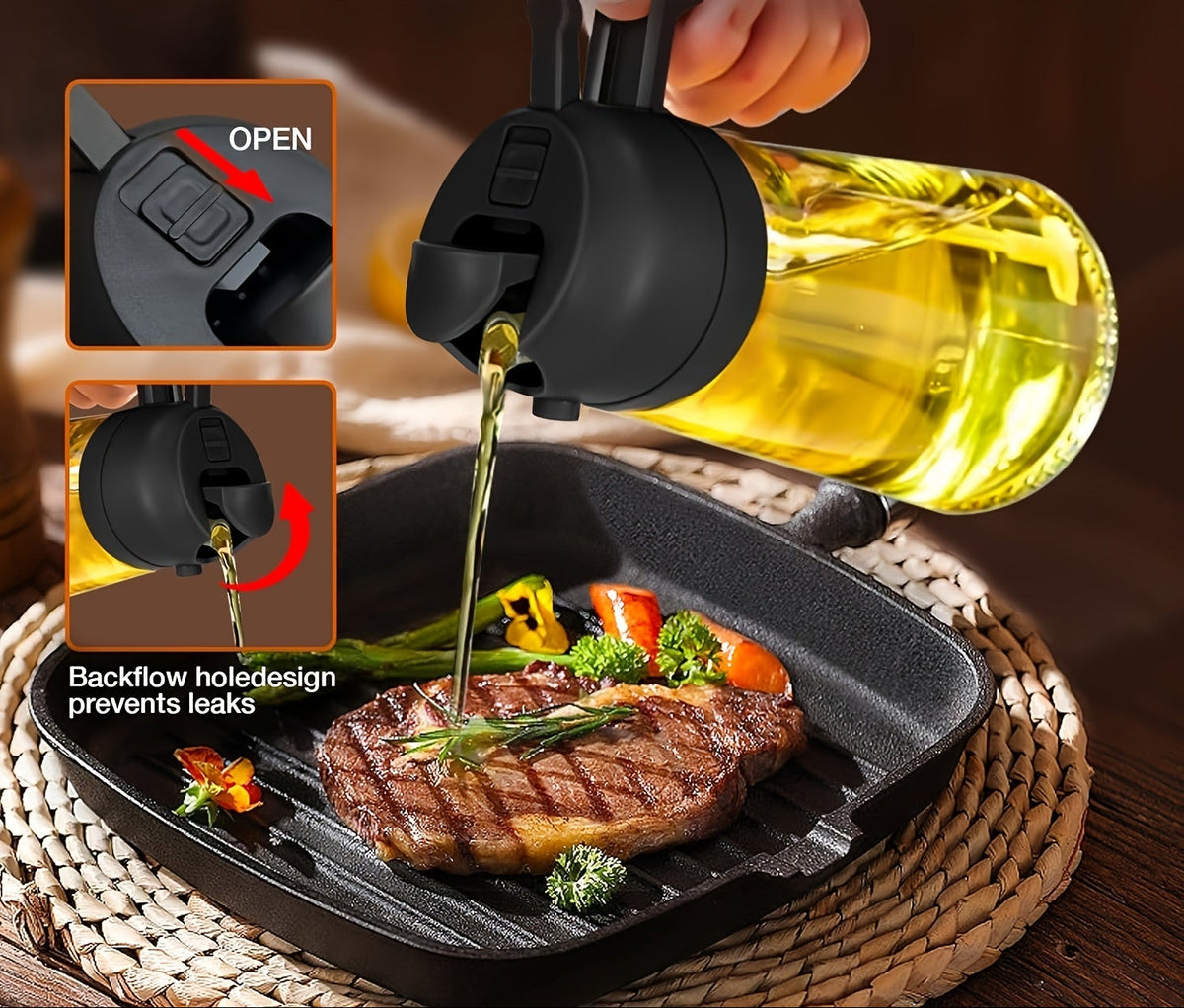 Frasco de óleo portátil 2 em 1 com spray e bico dosador | Pulverizador e dosador de azeite, 470ml, em plástico, ideal para cozinhar, grelhar, fritadeiras elétricas, assar e preparar saladas.