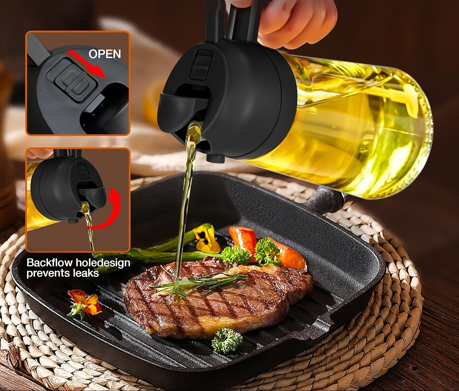 Frasco de óleo portátil 2 em 1 com spray e bico dosador | Pulverizador e dosador de azeite, 470ml, em plástico, ideal para cozinhar, grelhar, fritadeiras elétricas, assar e preparar saladas.