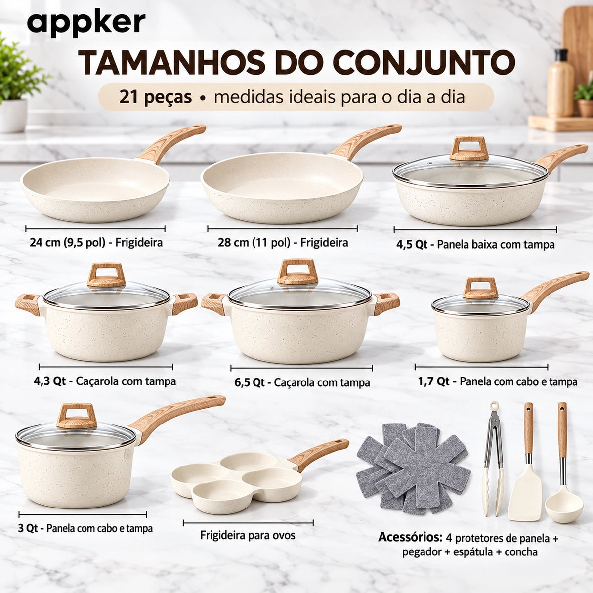 Conjunto de Panelas de Indução Granito Branco Appker