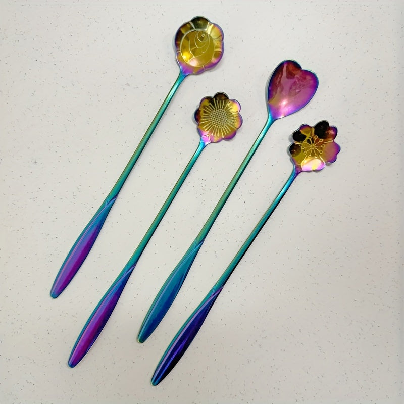 Conjunto de 4 colheres de chá pequenas em formato de flor, colher de café, colher fofa para sorvete e sobremesa, conjunto de talheres em aço inoxidável
