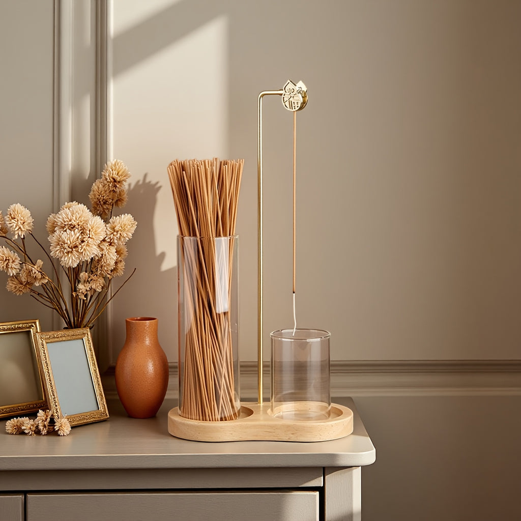 Suporte de Incenso Duplo em Madeira Maciça com Design em Forma de Copo Redondo, Equipado com um Suporte de Incenso de Cabaça, um Tubo de Incenso de Vidro e um Suporte de Incenso de Sândalo em Madeira de Borracha, Adequado para Uso no Escritório, Yoga e Meditação.