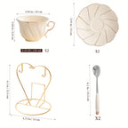 7pcs Court Style Ceramic Set, Creamy Coffee Cup with Floral Edge, American Style Golden Trim, 220ml Beige Tea Cup, Corporate Gift Set for Water & Office Use