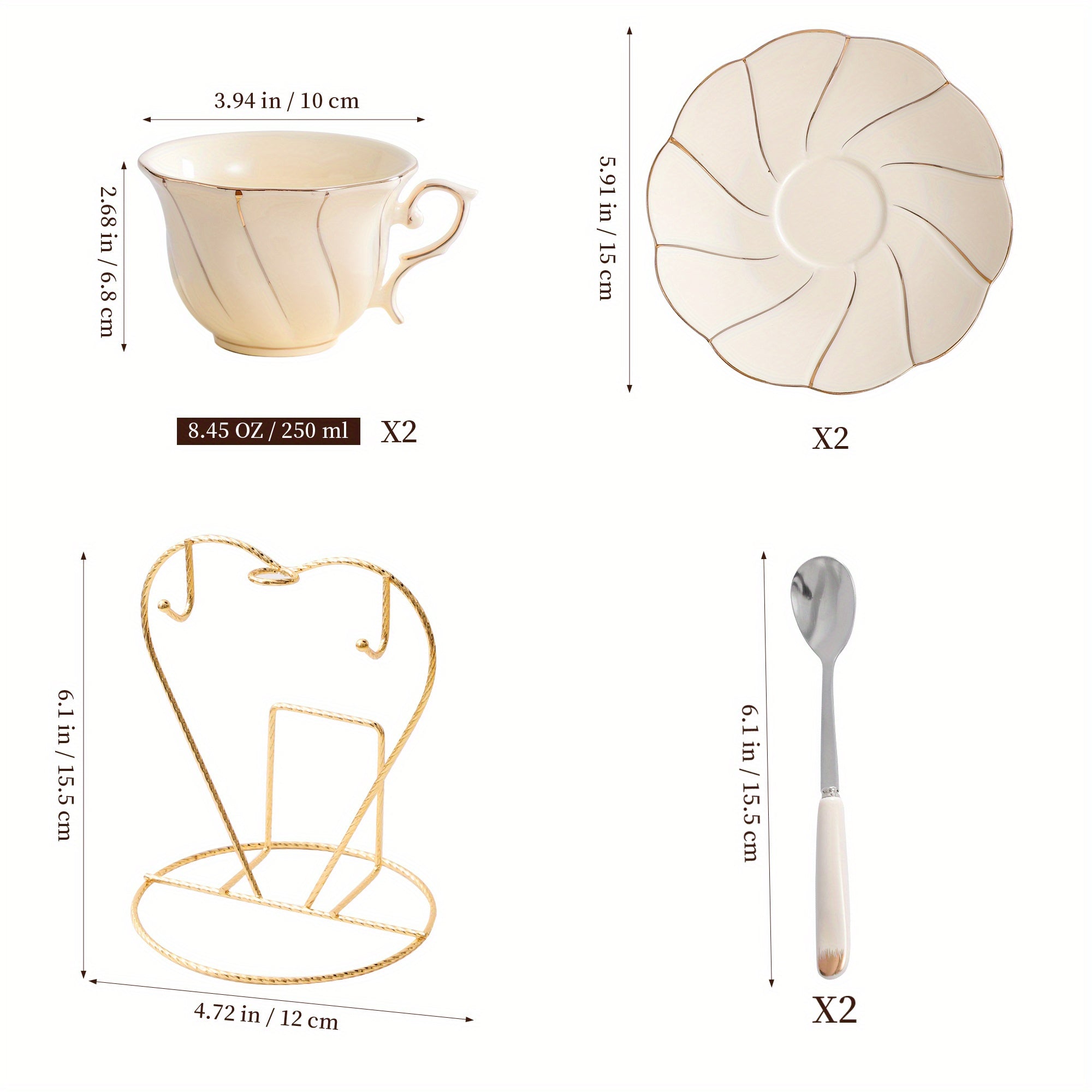 7pcs Court Style Ceramic Set, Creamy Coffee Cup with Floral Edge, American Style Golden Trim, 220ml Beige Tea Cup, Corporate Gift Set for Water & Office Use