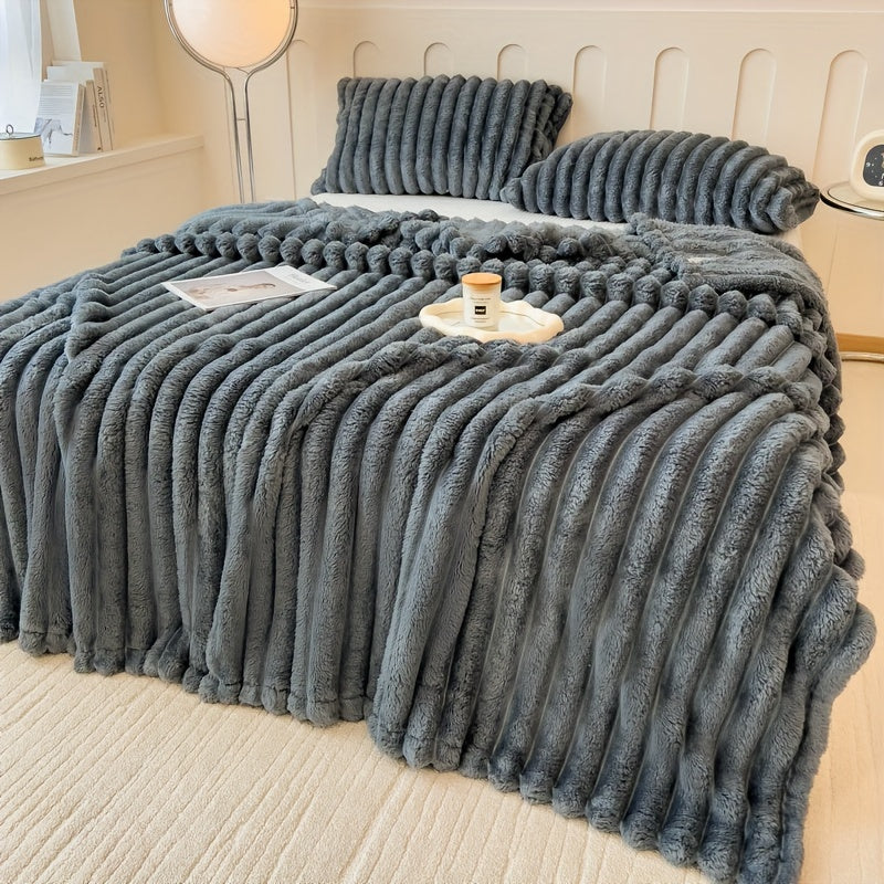 Manta Gdan Rinoceronte Luxuosa de Pele Falsa de Coelho - Adequada para Sofá, Cama, Escritório e Viagem - Manta Macia, Quente e Aconchegante Listrada, Colcha Contemporânea, Lavável à Mão, Presente Ideal de Natal e Uso em Todas as Estações (Multicolor)