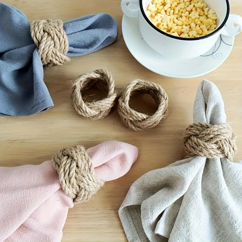 Conjunto de 8 anéis de toalha de linho trançado, anel de toalha de juta trançado à mão em forma de flor, adequado para mesa de jantar, anel de toalha náutico, decoração de mesa, festa, banquete, casamento, aniversário