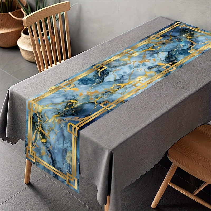 Caminho de Mesa Elegante em Mármore com 35.0 X 180.01 cm - Apresenta um Borda Dourada com Textura em Branco, Preto e Azul. Feito de Poliéster, é Ideal para Decorar Mesas de Jantar e Cozinha Durante Festas e Celebrações