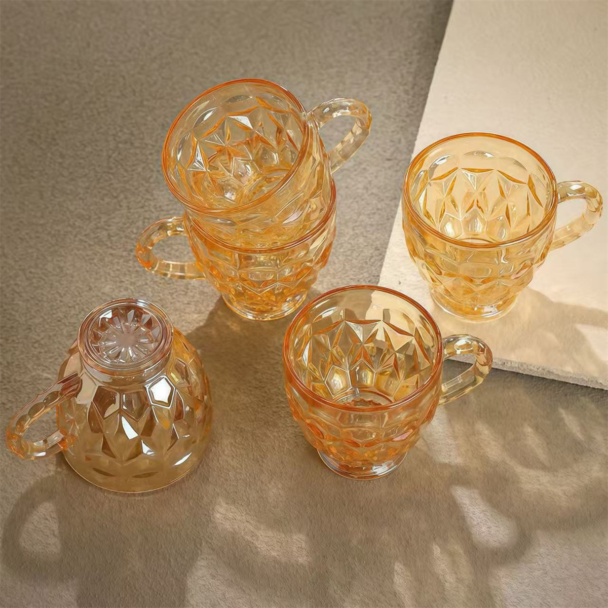 Jogo 6 Xícaras Chá e Café 260ml Itália Âmbar Cristal Dourado Luxuoso