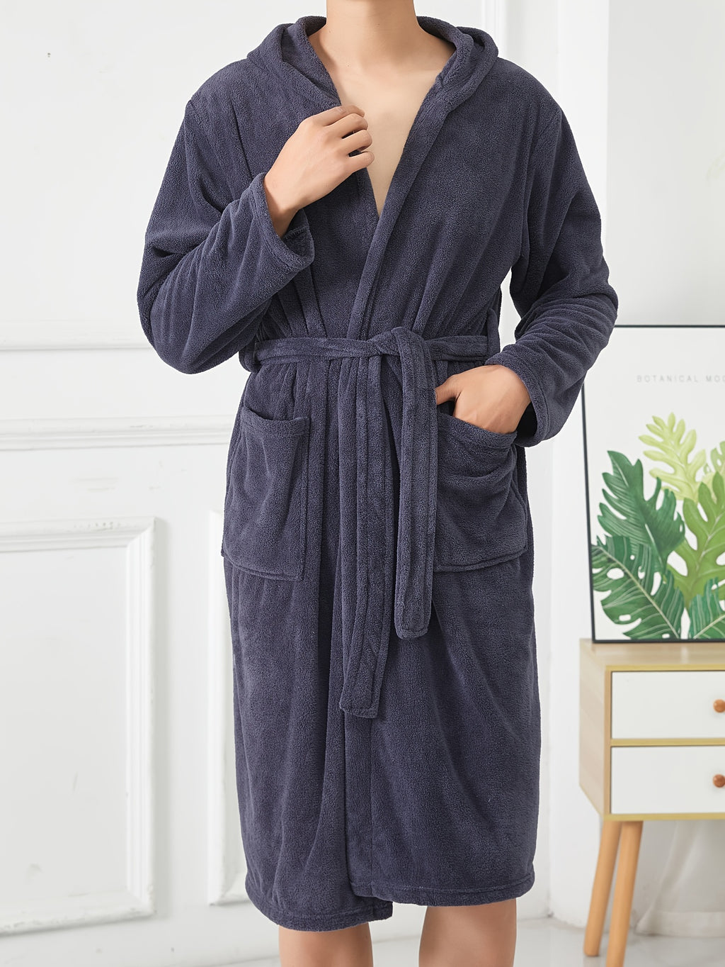 Roupa de Banho com Capuz para Homem em Lã de Coral, Ideal para Uso Doméstico, Casual, Macia, Absorvente, Adequada para a Casa de Banho, Quarto ou Piscina