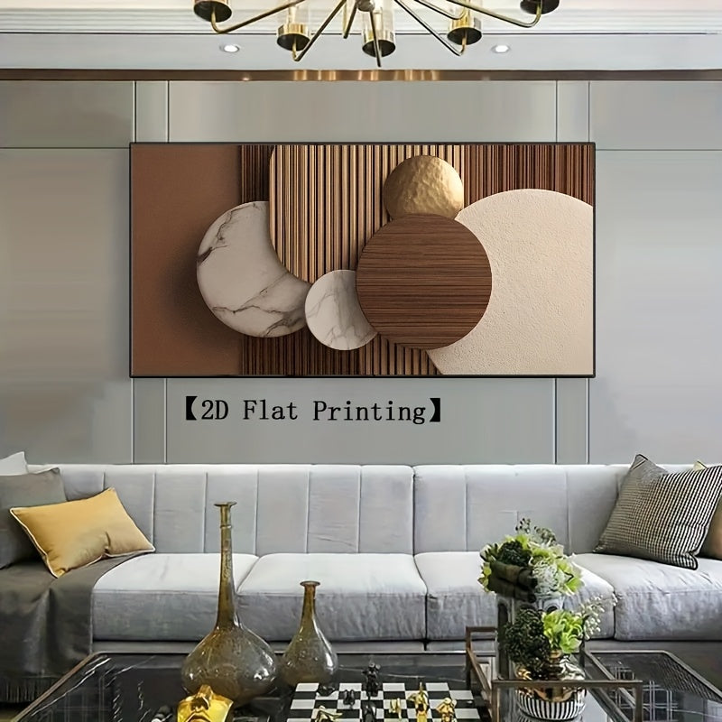 [2D Flat] Uma Grande Arte de Parede em Tela Minimalista Moderna Apresentando um Design Circular Abstrato em Bege, Castanho, Branco e Dourado. Esta Peça Contemporânea Sem Moldura é Ideal para Decorar Salas de Estar, Quartos e Escritórios em Casa
