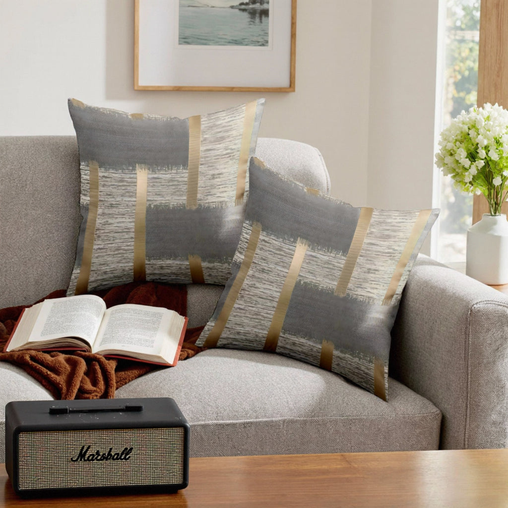2 unidades de Almofadas Premium Cinza-Douradas Artísticas | Textura Escovada com Linhas Metálicas, Capas de Almofada Contemporâneas em Poliéster, Fecho de Zíper, Adiciona Luxo Minimalista Moderno ao Sala de Estar