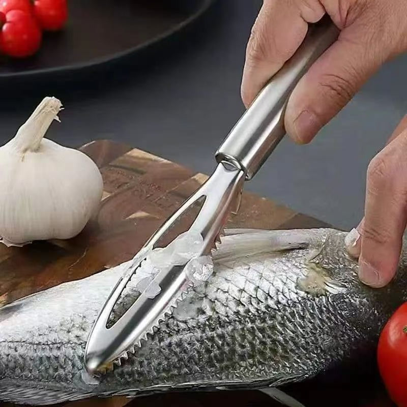 Conjunto de 4 Removedores de Escamas de Peixe e Escova em Aço Inoxidável - Ferramenta de Cozinha Robusta em Aço Inoxidável 430 com Cabo Ergonómico, Bordas Serrilhadas para Fácil e Rápido