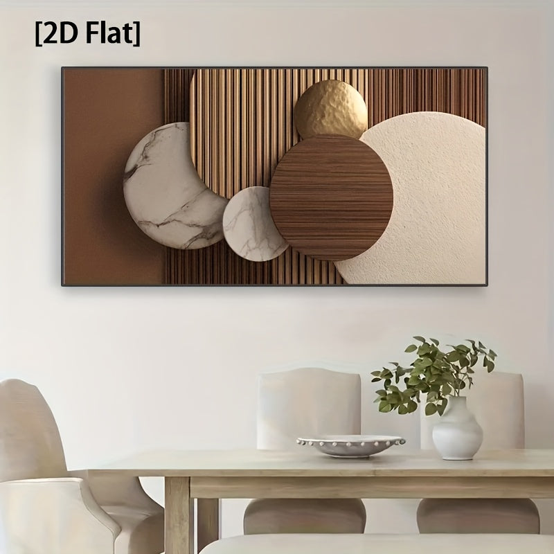 [2D Flat] Uma Grande Arte de Parede em Tela Minimalista Moderna Apresentando um Design Circular Abstrato em Bege, Castanho, Branco e Dourado. Esta Peça Contemporânea Sem Moldura é Ideal para Decorar Salas de Estar, Quartos e Escritórios em Casa