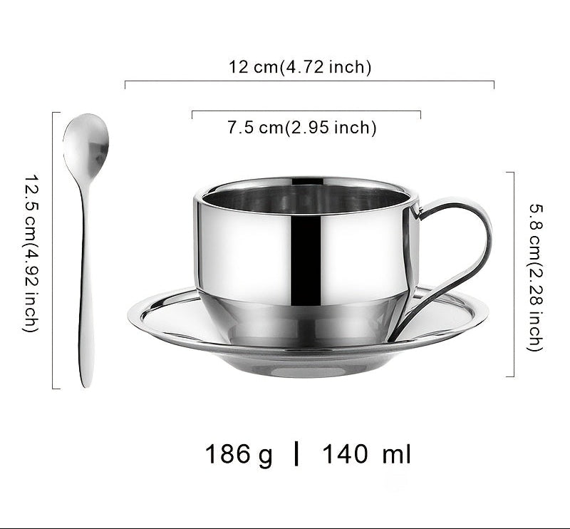 3pcs/sets 304 Thickened Stainless Steel Coffee Cup | Double-walled Insulated Cup | Home/Office Set with Saucer and Spoon (3pcs) - Simple Design, Easy to Clean, Long-lasting Use