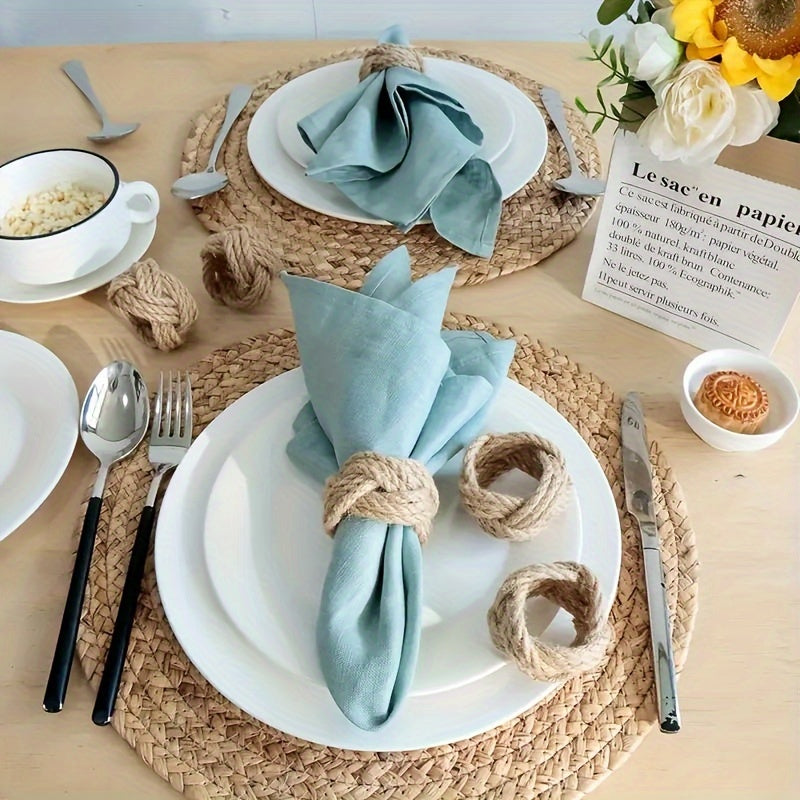 Conjunto de 8 anéis de toalha de linho trançado, anel de toalha de juta trançado à mão em forma de flor, adequado para mesa de jantar, anel de toalha náutico, decoração de mesa, festa, banquete, casamento, aniversário